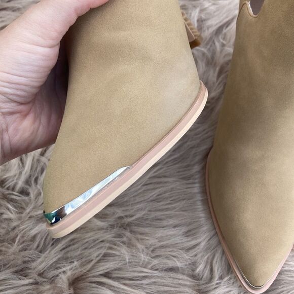 Laicigo Pointed Mirror Toe Cutout Slip on Faux Leather Beige Heeled Ankle Bootie - Picture 7 of 16